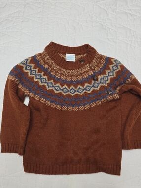 Edgehill Collection Brown Fair Isle Yoke Sweater with Blue and Cream Pattern